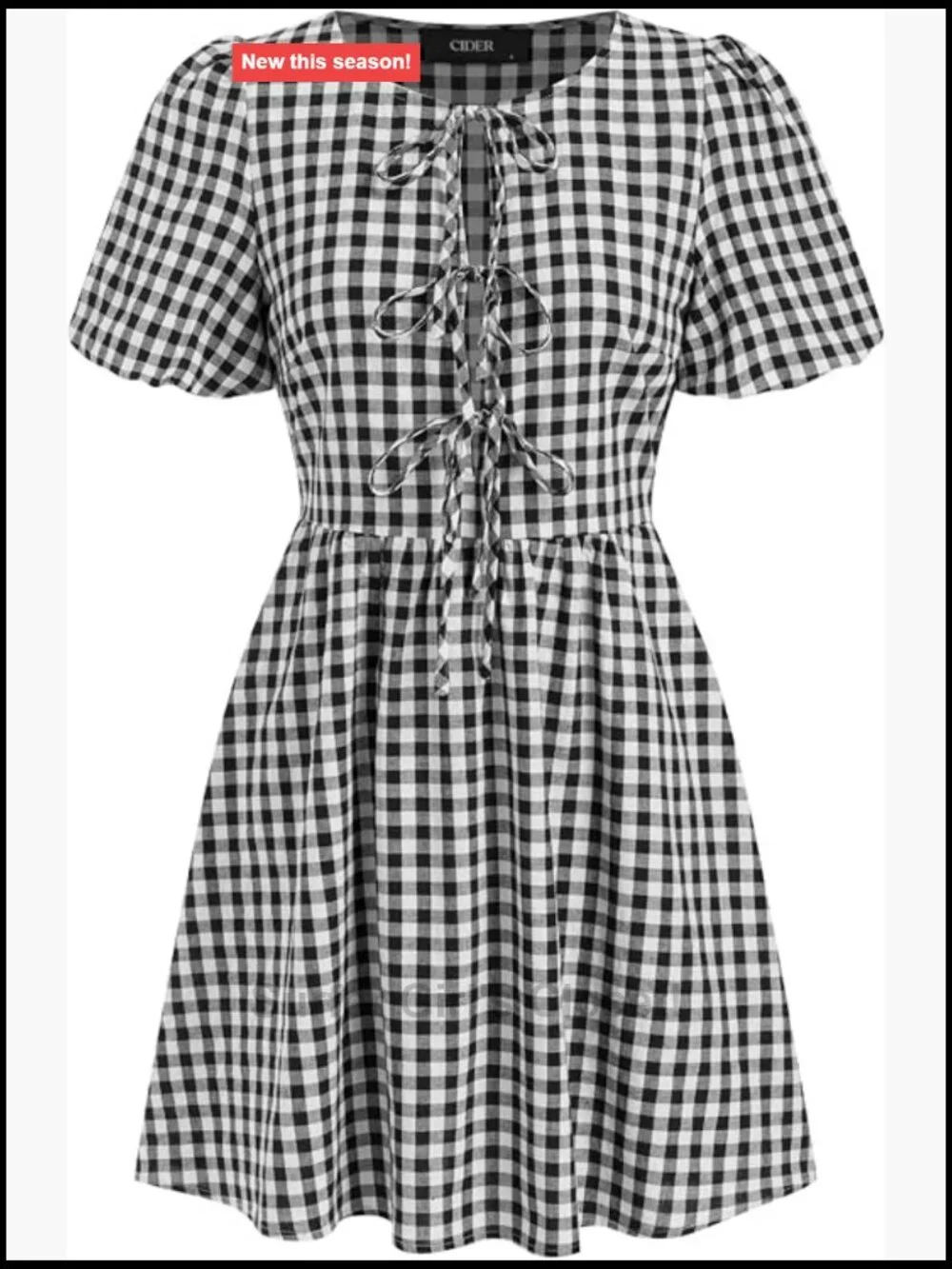 Gingham Puff Sleeve Tie Front Mini Dress Smocked Waist Babydoll Cotton Casual